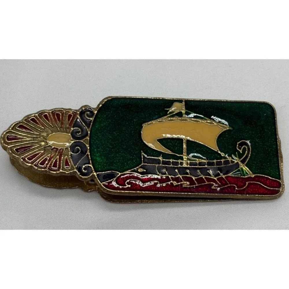 Vintage Cloisonné Brass Paper Money Clip Greek Viking Boat Vintage Enamel 4